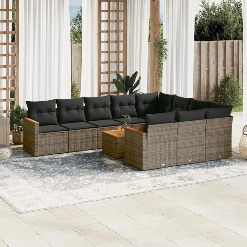 Loungesæt i polyrattan 11 dele med hynder - grå