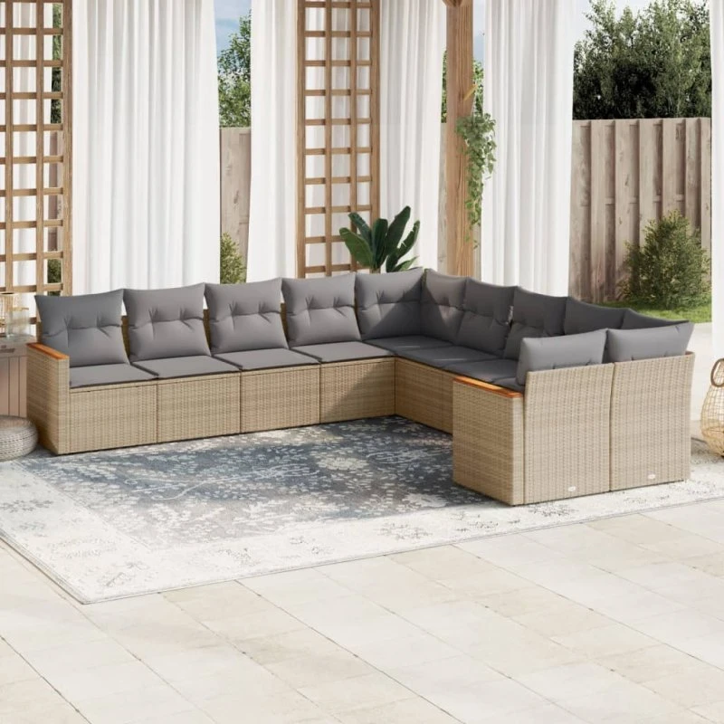 Havesofasæt 10 dele i polyrattan - beige med hynder