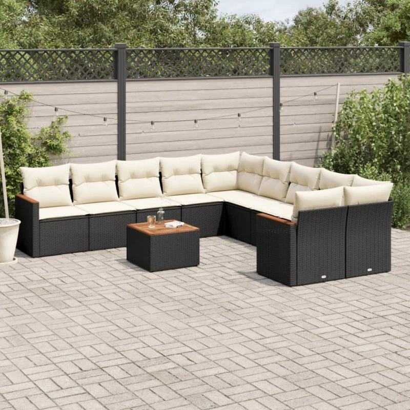 Havesofasæt 11 dele i polyrattan med hynder – sort