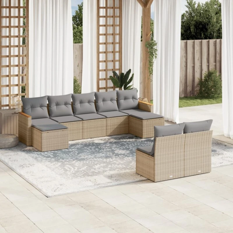 Sofasæt til haven 9 dele i polyrattan - beige