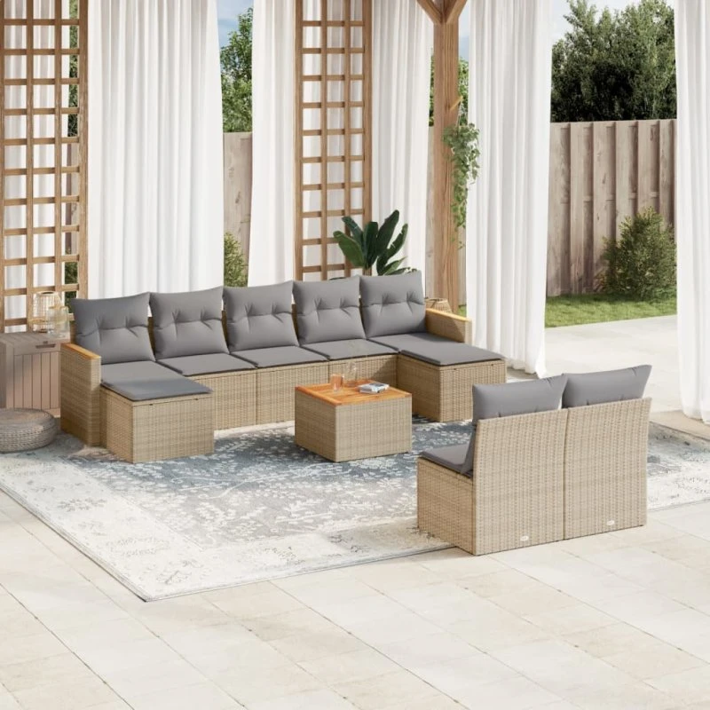 Havesofasæt 10 dele i beige polyrattan med hynder