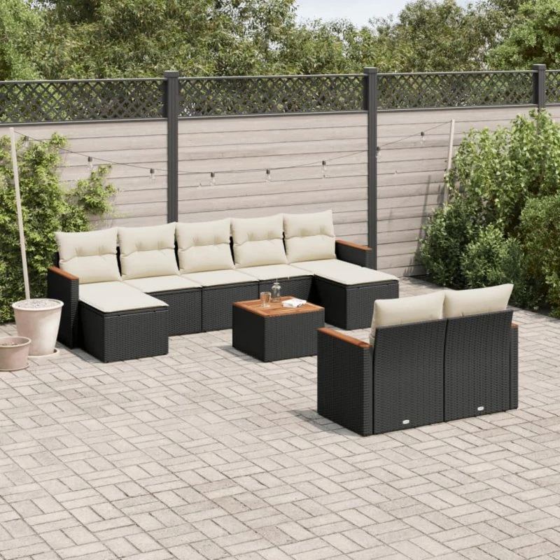 Havesofasæt 10 dele i sort polyrattan inkl. hynder