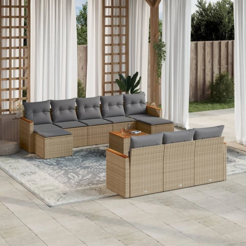 Havesofasæt 11 dele i polyrattan med hynder – beige
