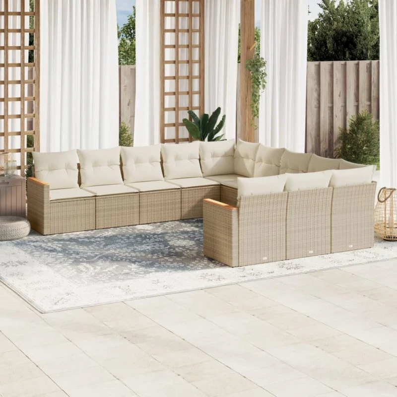 11-dele havemøbelsæt i polyrattan med hynder, beige