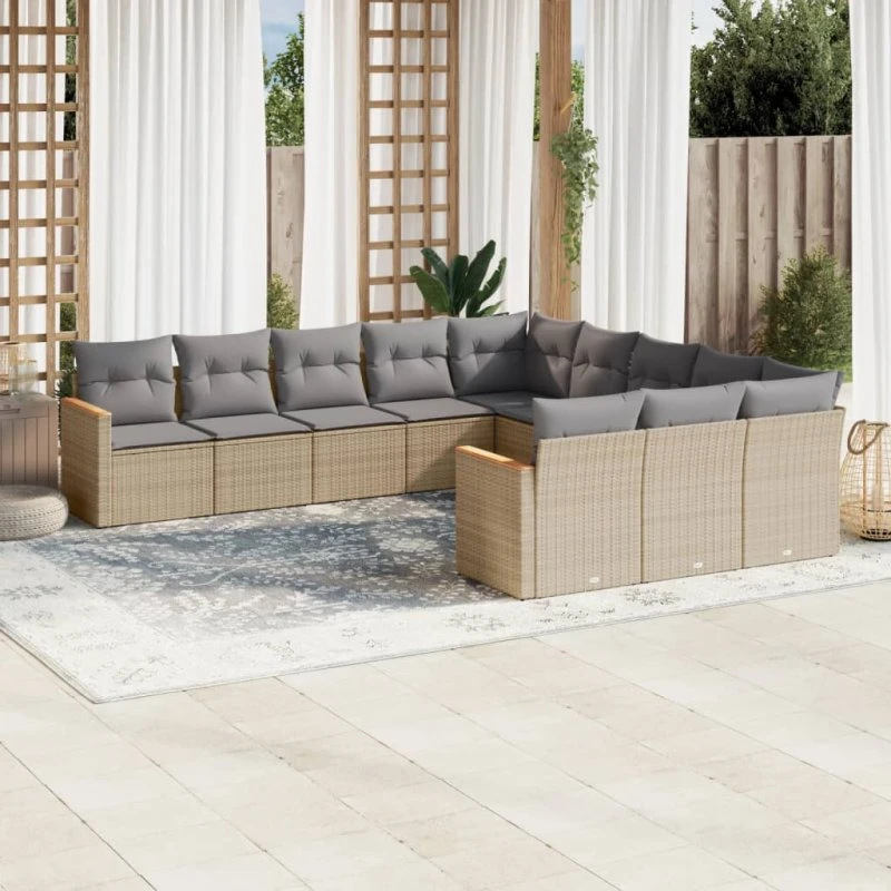 Havesofasæt 11 dele i polyrattan med hynder - beige