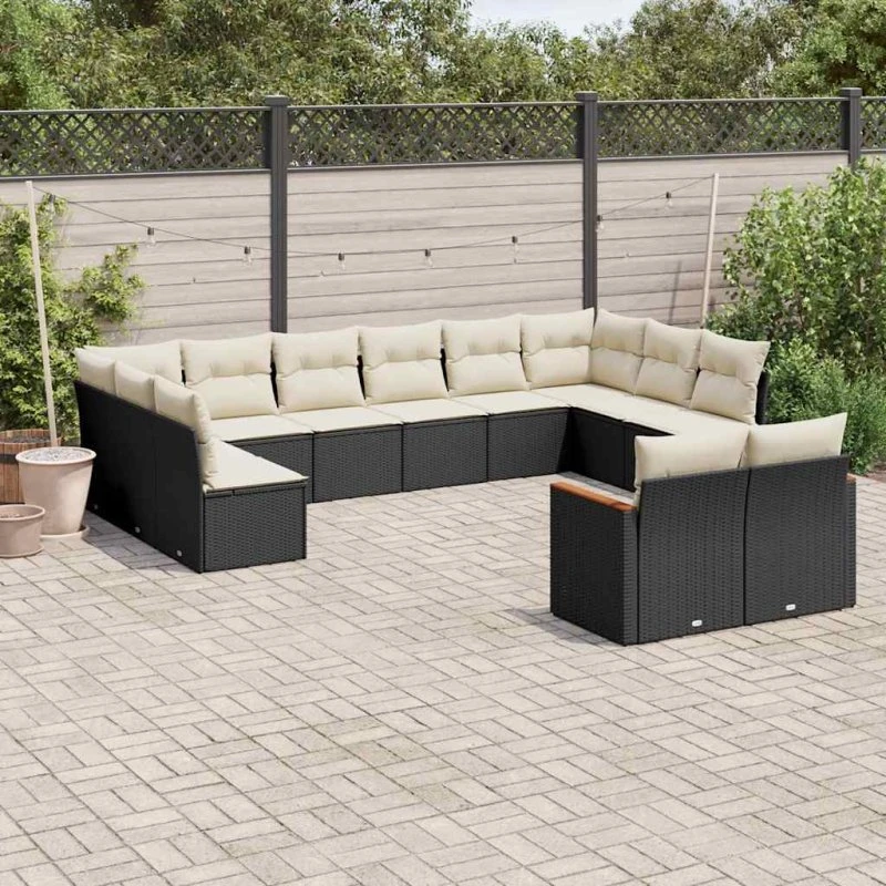 Sofasæt til haven 12 dele i sort polyrattan med hynder
