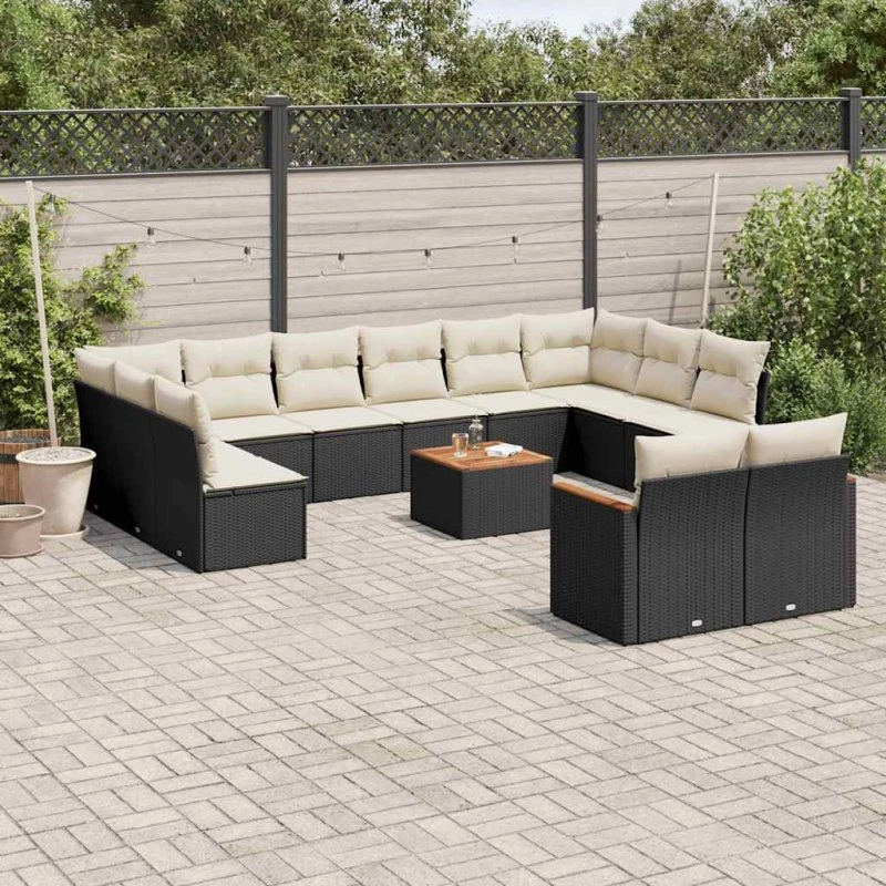 Havesofasæt 13 dele i sort polyrattan med hynder