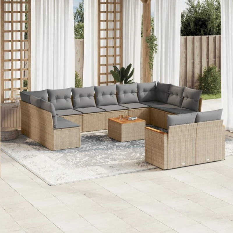 Havesofasæt i polyrattan 13 dele med hynder - beige