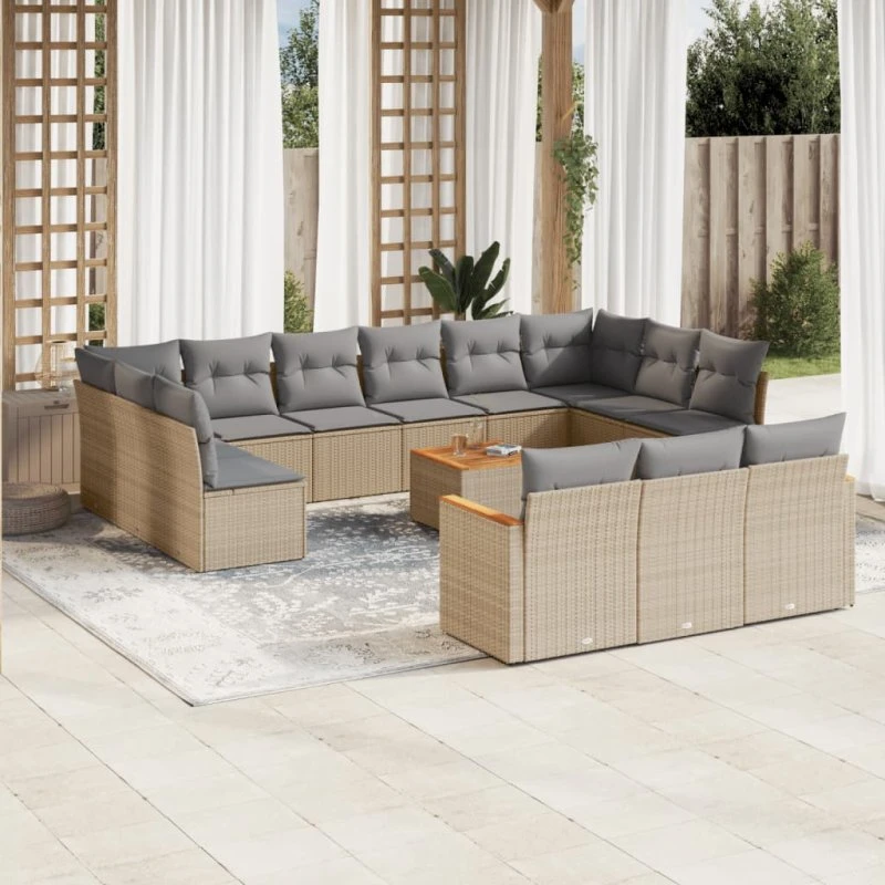 Havesofasæt 14 dele i polyrattan med hynder – beige
