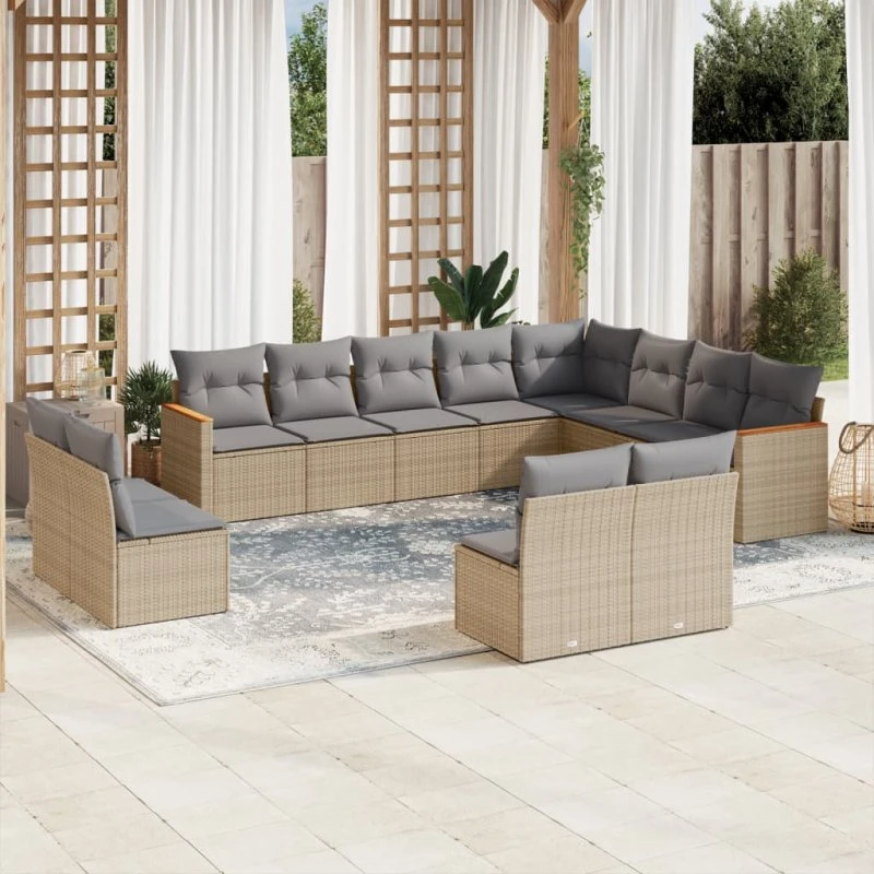 Havesofasæt 12 dele i polyrattan med hynder – beige