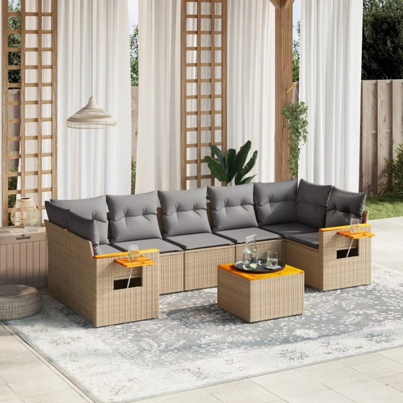 Havesofasæt 8 dele i polyrattan med hynder – beige