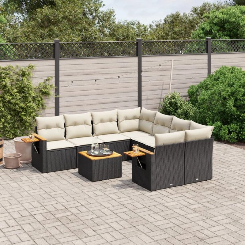 9-delt sofasæt til haven i sort polyrattan med hynder