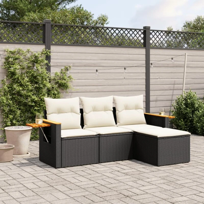 Havesofasæt 4 dele i sort polyrattan med hynder