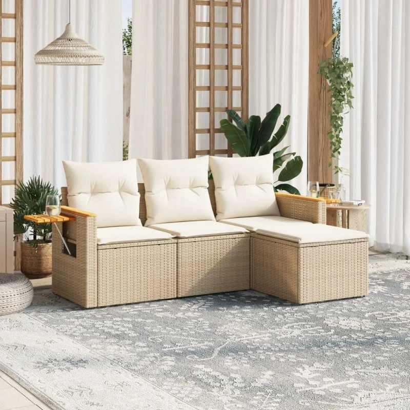 Havesofasæt 4 dele i polyrattan med hynder - beige