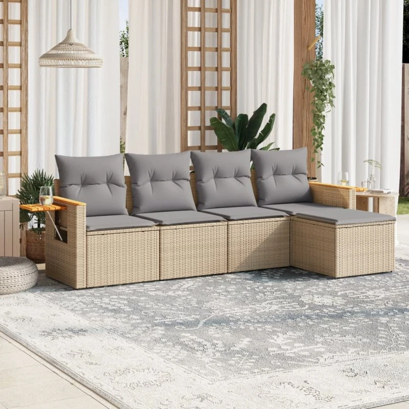 Havesofasæt 5 dele i polyrattan med hynder - beige