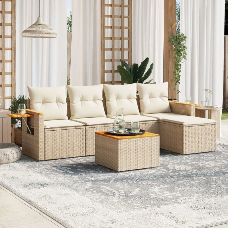 Sofasæt til haven 6 dele i polyrattan med hynder - beige