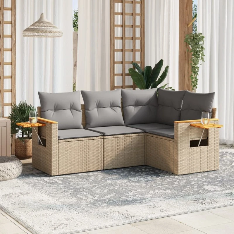 Havesofasæt 4 dele i polyrattan med hynder – beige