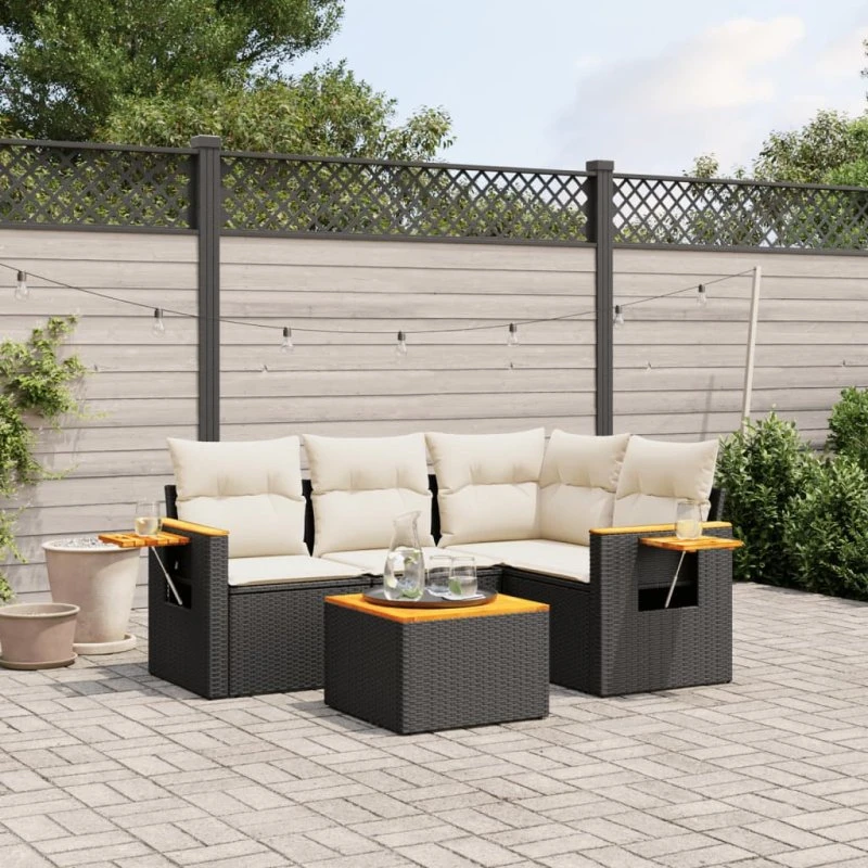 Havesofasæt 5 dele i sort polyrattan inkl. hynder