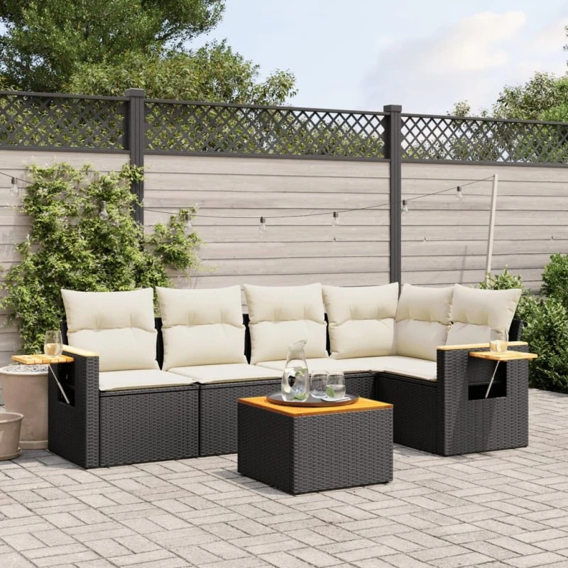 Havesofa sæt 6 dele i sort polyrattan med hynder