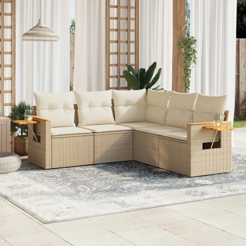 Havesofasæt 5 dele i polyrattan med hynder - beige