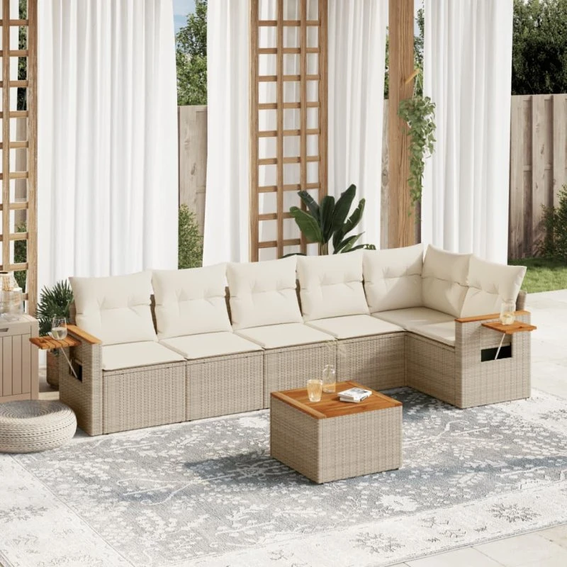 Havesofasæt 7 dele i beige polyrattan med hynder