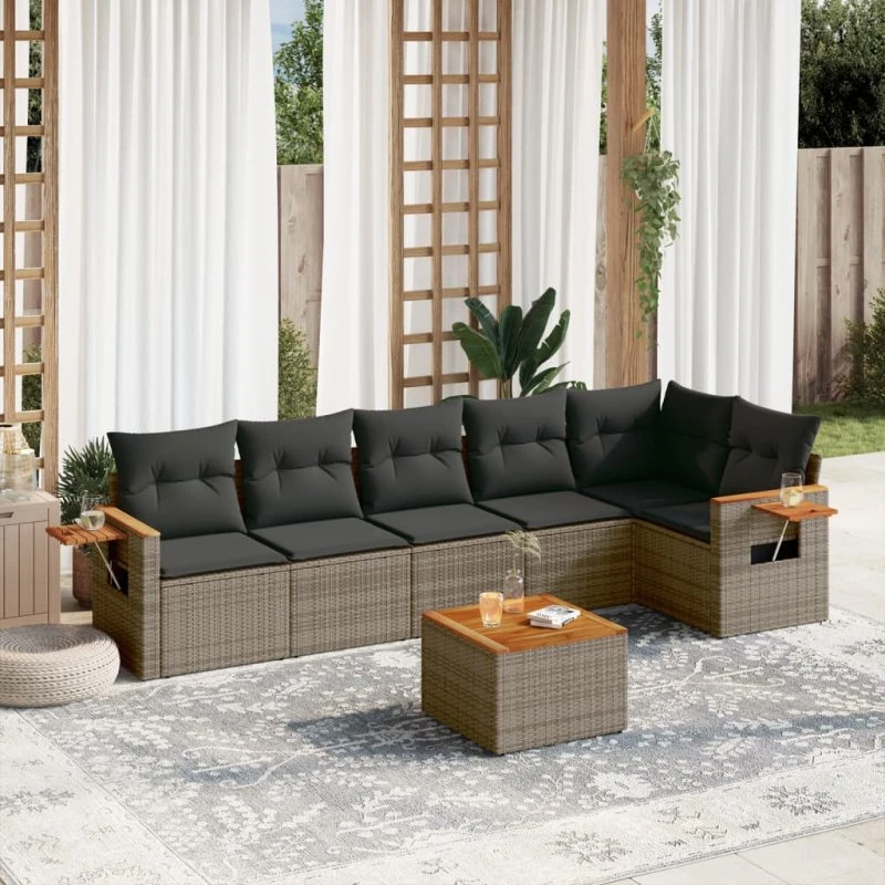 Havesofa sæt 7 dele i grå polyrattan med hynder