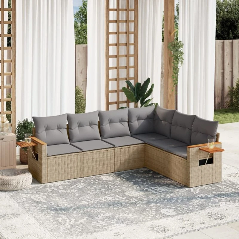 Havesofasæt 6 dele i polyrattan med hynder, beige