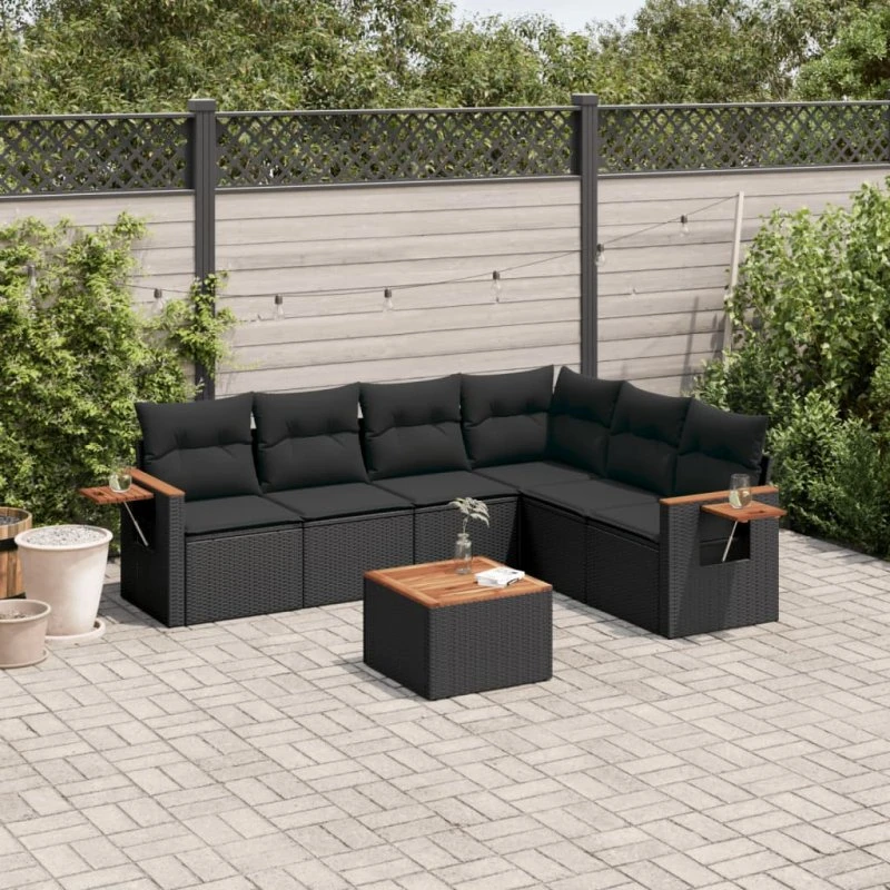 Sofasæt til haven 7 dele i polyrattan - sort