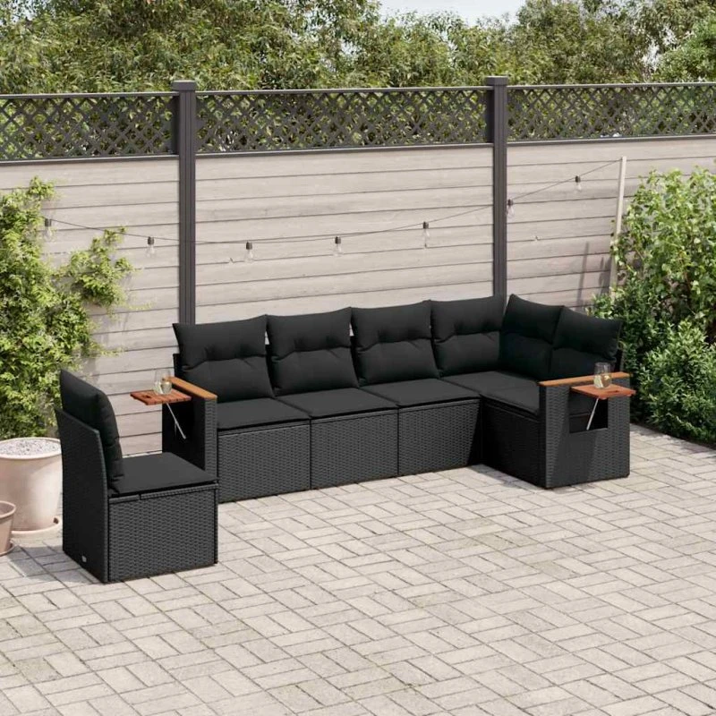 Sofasæt til haven 6 dele i sort polyrattan med hynder