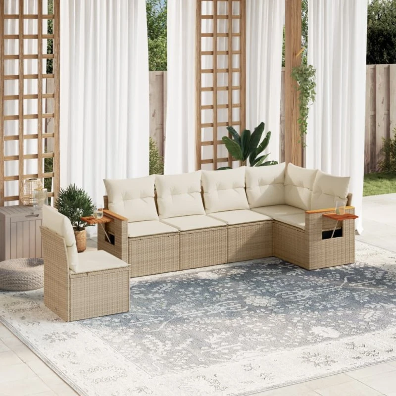 Havesofasæt 6 dele i beige polyrattan med hynder