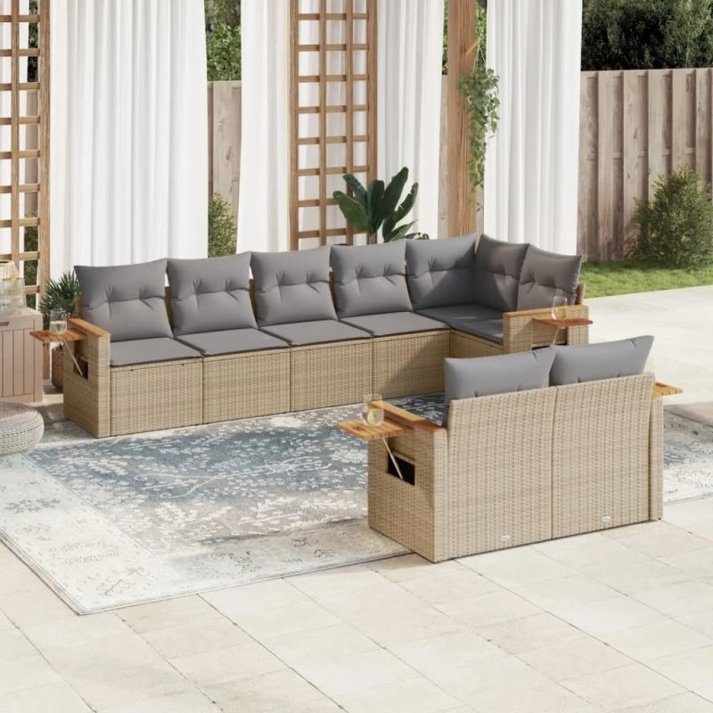 Havesofasæt 8 dele i polyrattan beige med hynder