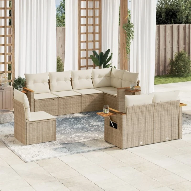 Havemøbelsæt 8 dele i polyrattan med hynder – Beige