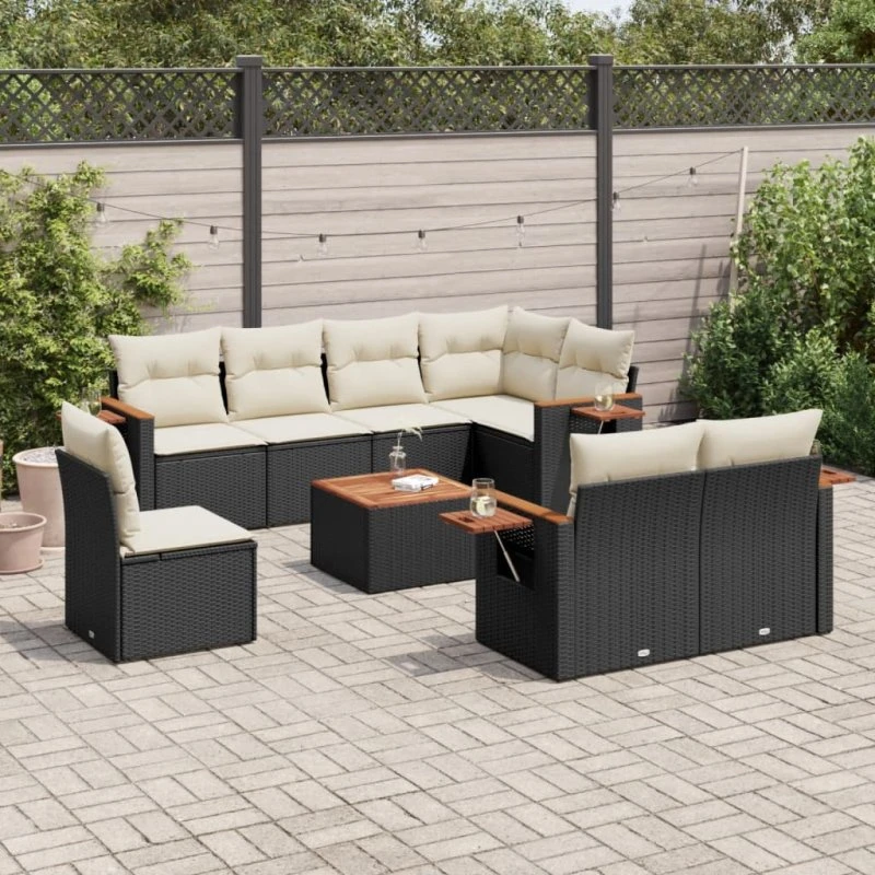 Sofasæt til haven 9 dele i sort polyrattan med hynder