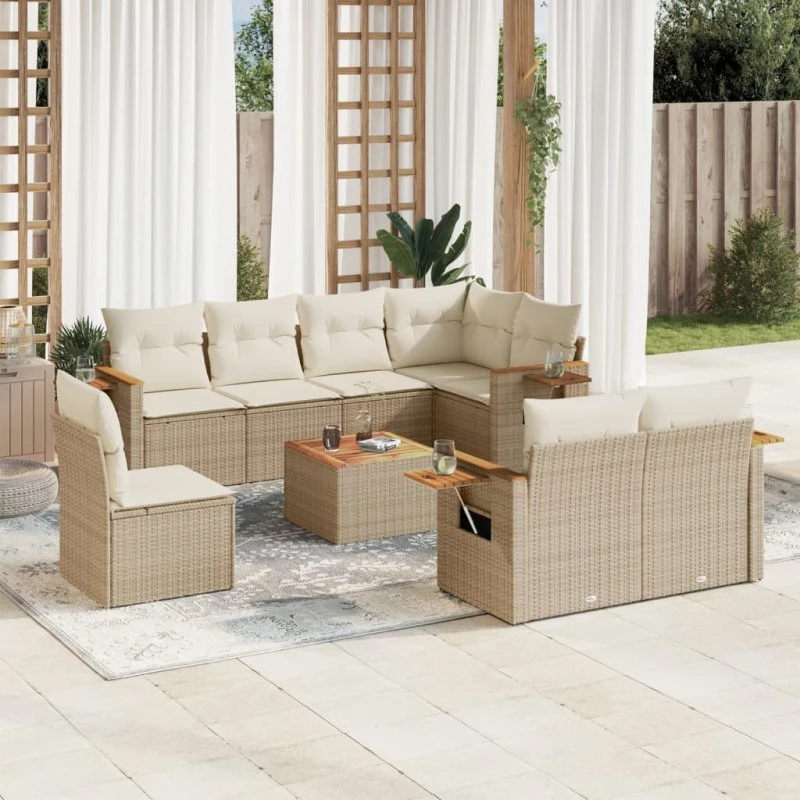 Havesæt 9 dele i polyrattan med hynder – beige