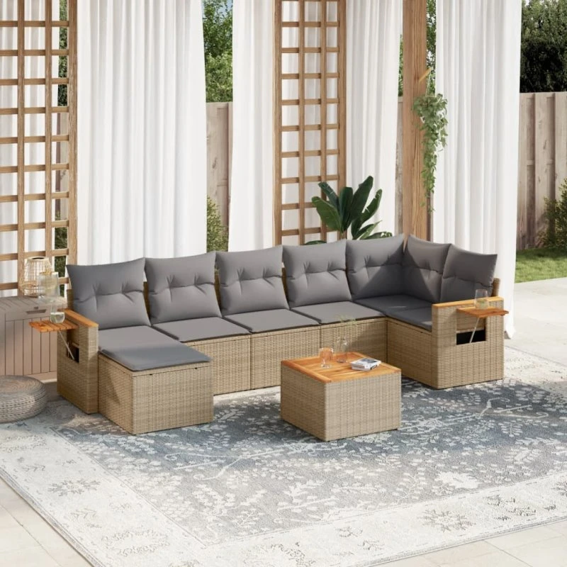8-dele havemøbelsæt i polyrattan med hynder – beige