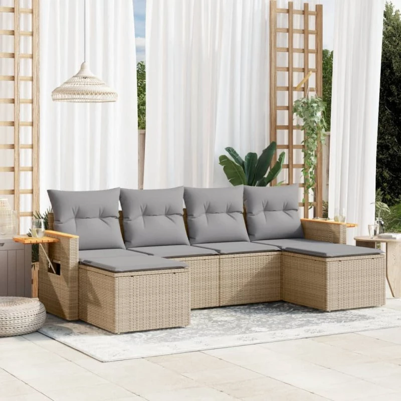 Havesofasæt 6 dele i beige polyrattan med hynder