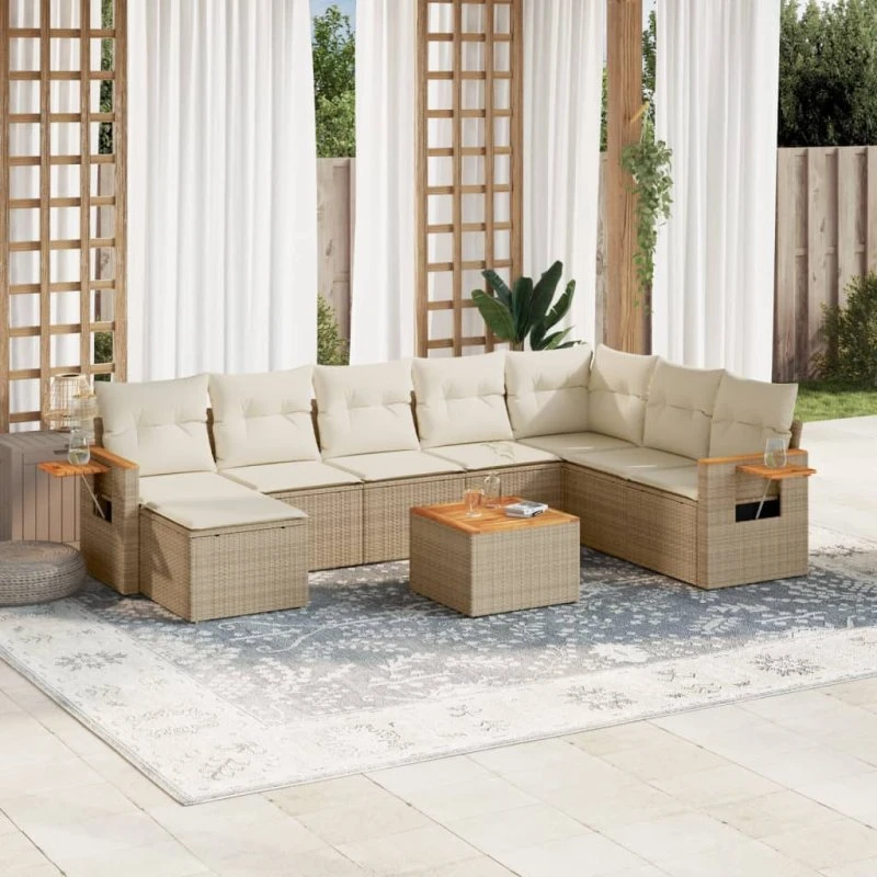 Havesæt 9 dele i polyrattan med hynder – beige