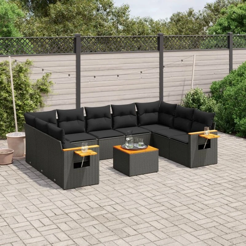 Sofasæt til haven 10 dele i sort polyrattan med hynder