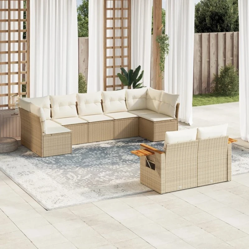 9-dele polyrattan sofasæt til haven med hynder - beige