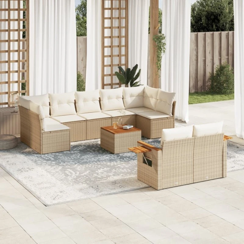 Havesofasæt 10 dele i polyrattan med hynder – beige