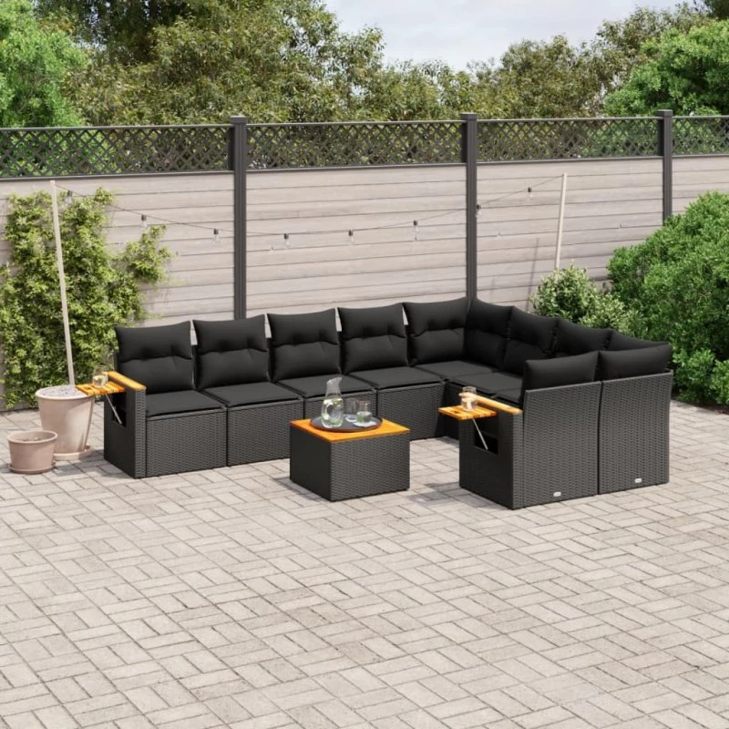Sofasæt til haven 10 dele i sort polyrattan med hynder