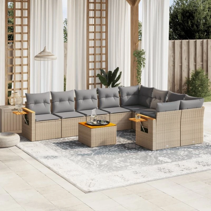 Havesofasæt 10 dele i polyrattan med hynder - beige