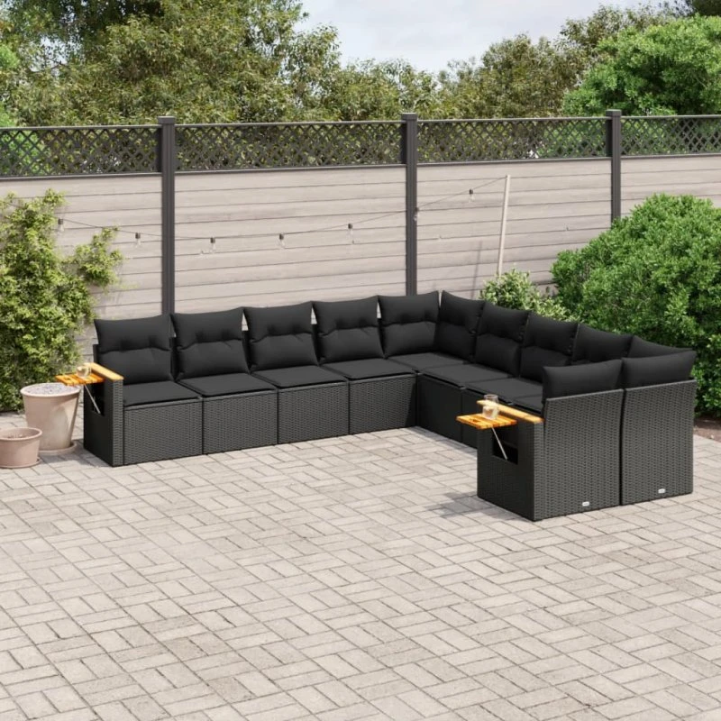 Sofasæt til haven 10 dele i sort polyrattan med hynder