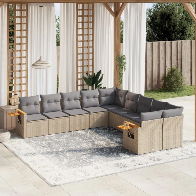Havesofasæt 10 dele i polyrattan med hynder – Beige