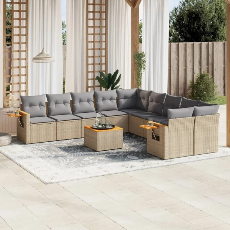Havesofasæt 11 dele i polyrattan med hynder, beige