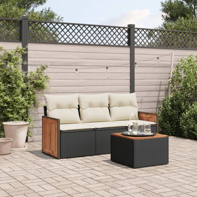 Havesofasæt 4 dele i sort polyrattan med hynder