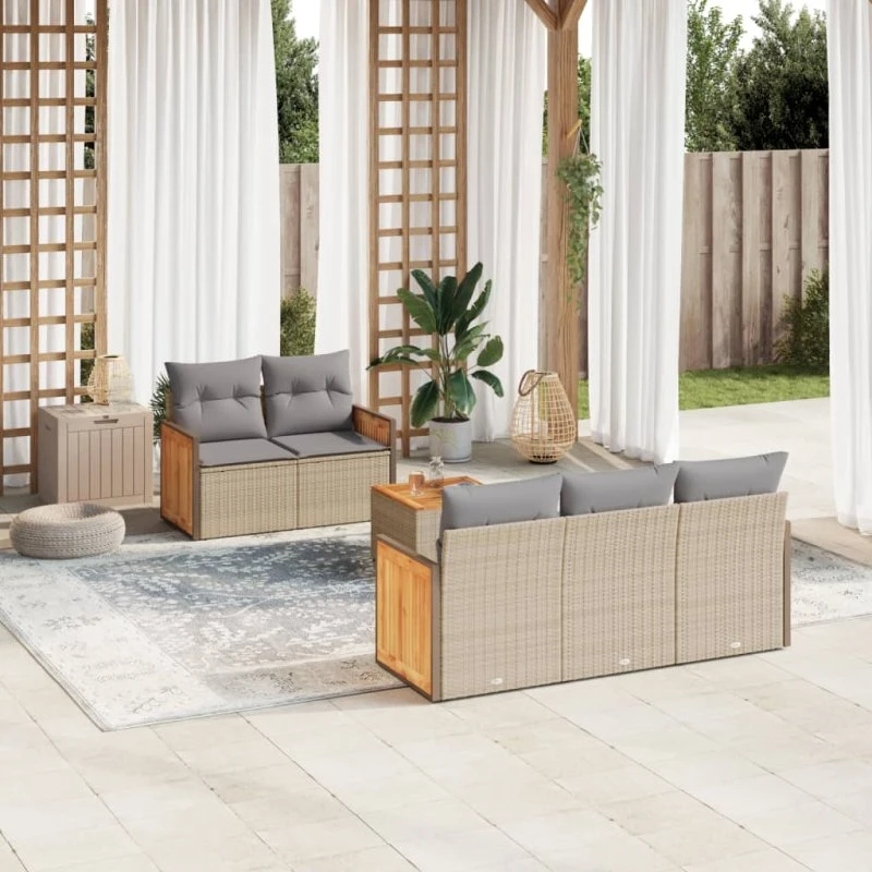 Sofasæt til haven 6 dele i beige polyrattan med hynder
