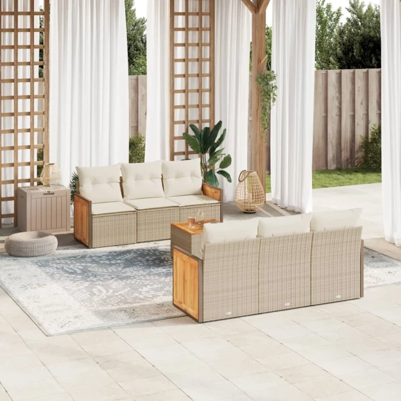 Havesofasæt 7 dele i beige polyrattan med hynder
