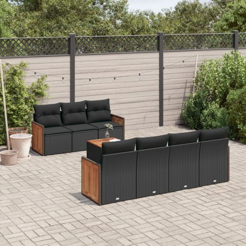 Havesofasæt 8 dele i polyrattan med hynder - sort