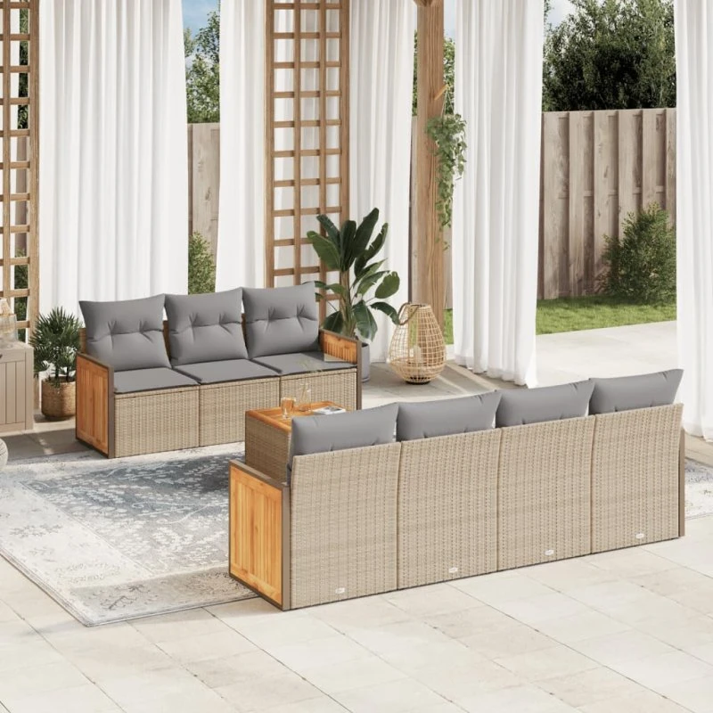Havesofasæt 8 dele i polyrattan med hynder - beige